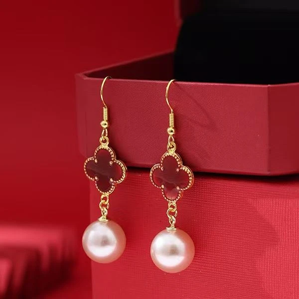 红色系四叶子草珠珠耳钉ZD0518