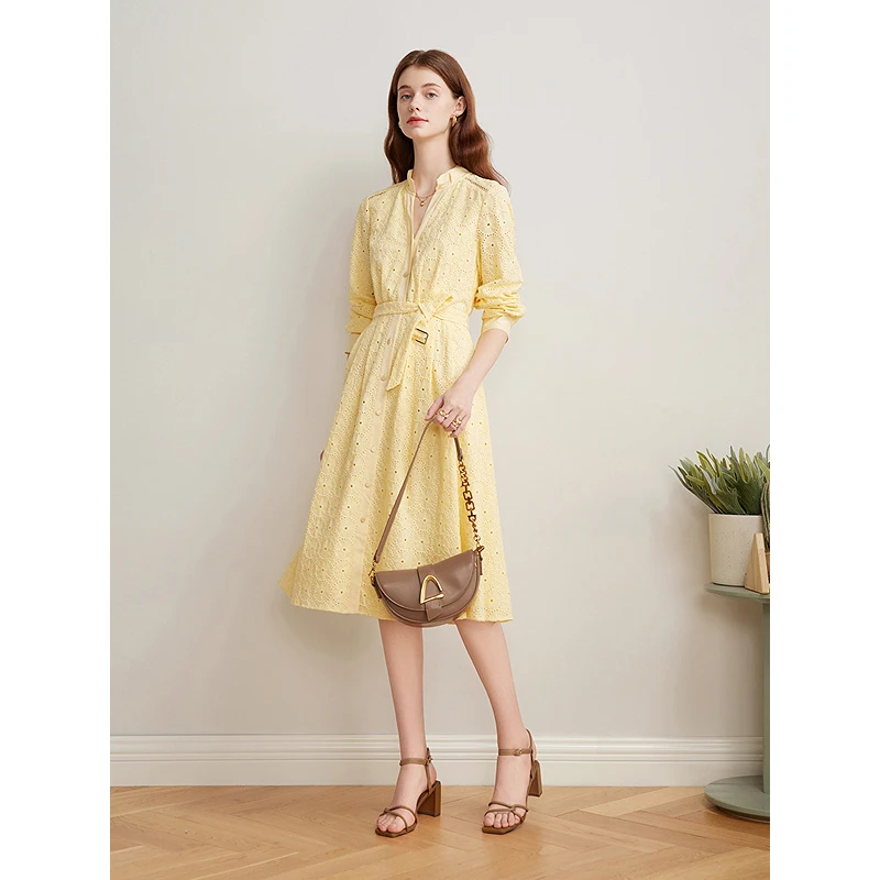 Goodland美地2025春季新款优雅镂空马德式拉刺绣连衣裙LC35105200