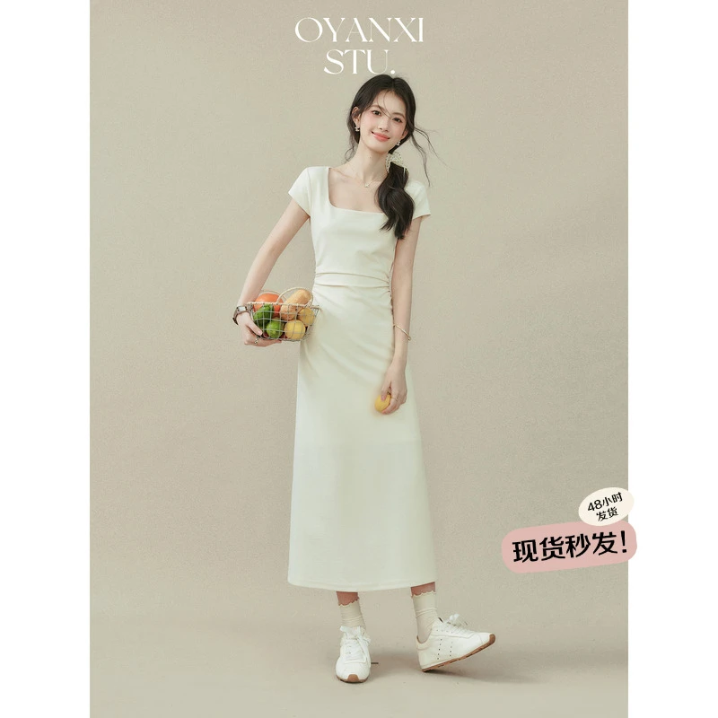 【清清】欧阳喜【茉莉花道】法式方领杏色设计感连衣裙女夏季收腰261L
