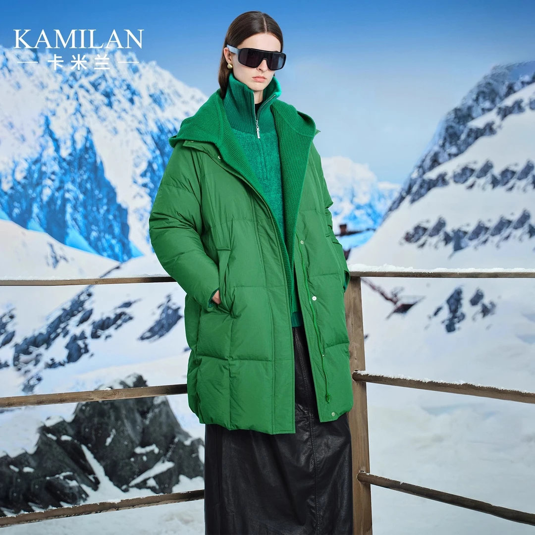 卡米兰针织拼接羽绒服女2024年冬季新款中长款羽绒外套连帽可拆缷