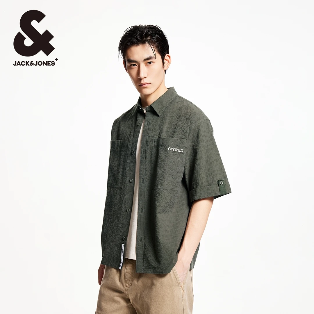 杰克琼斯秋季肌理感泡泡纱字母刺绣潮流百搭短袖上衣宽松衬衫男装