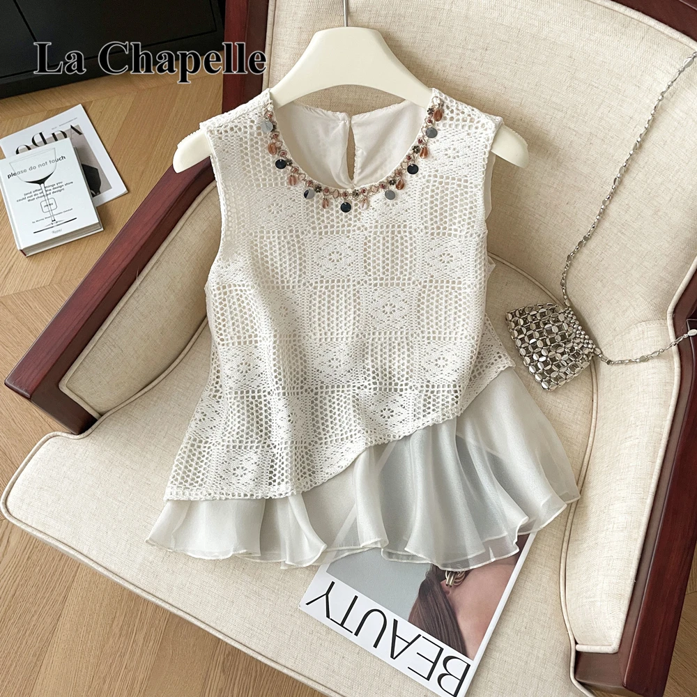 拉夏贝尔高级感名媛外穿假两件上衣女夏季显瘦气质拼接蕾丝边背心