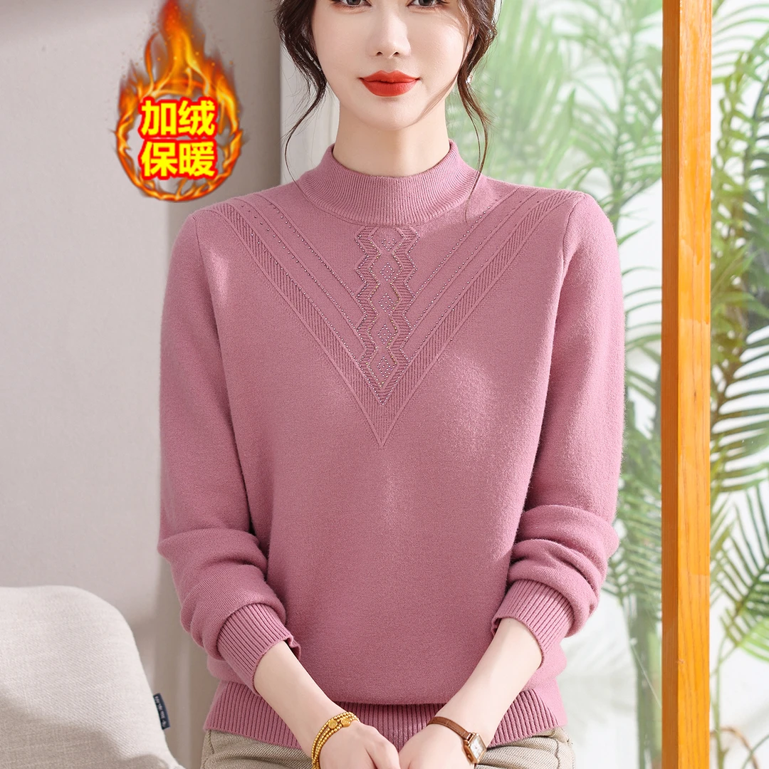 妈妈秋冬装一体绒毛衣女内搭保暖上衣中老年人加绒加厚打底衫套装