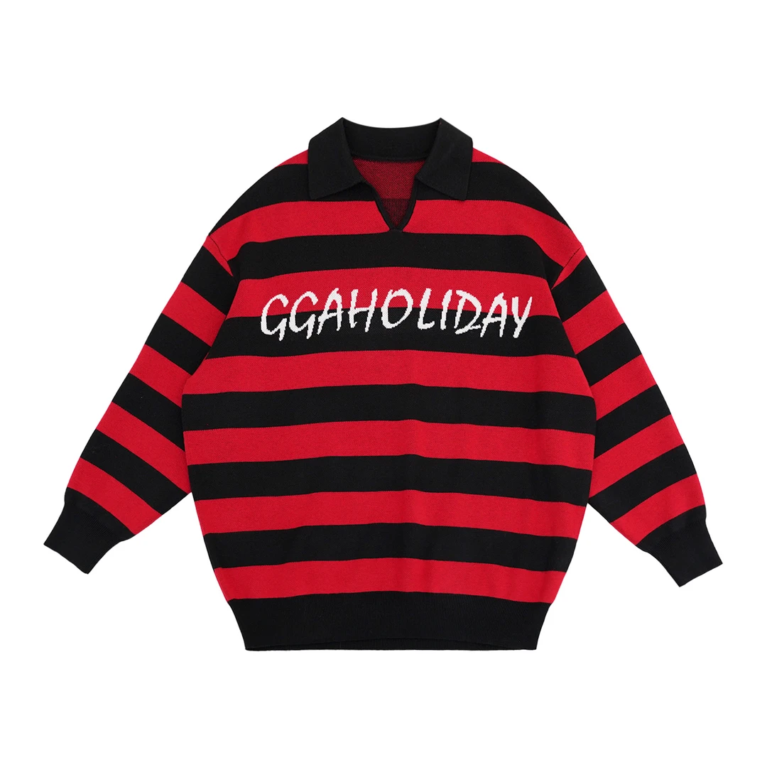 GGAHOLIDAY时尚休闲宽松潮流百搭条纹撞色翻领长袖针织毛衣161108