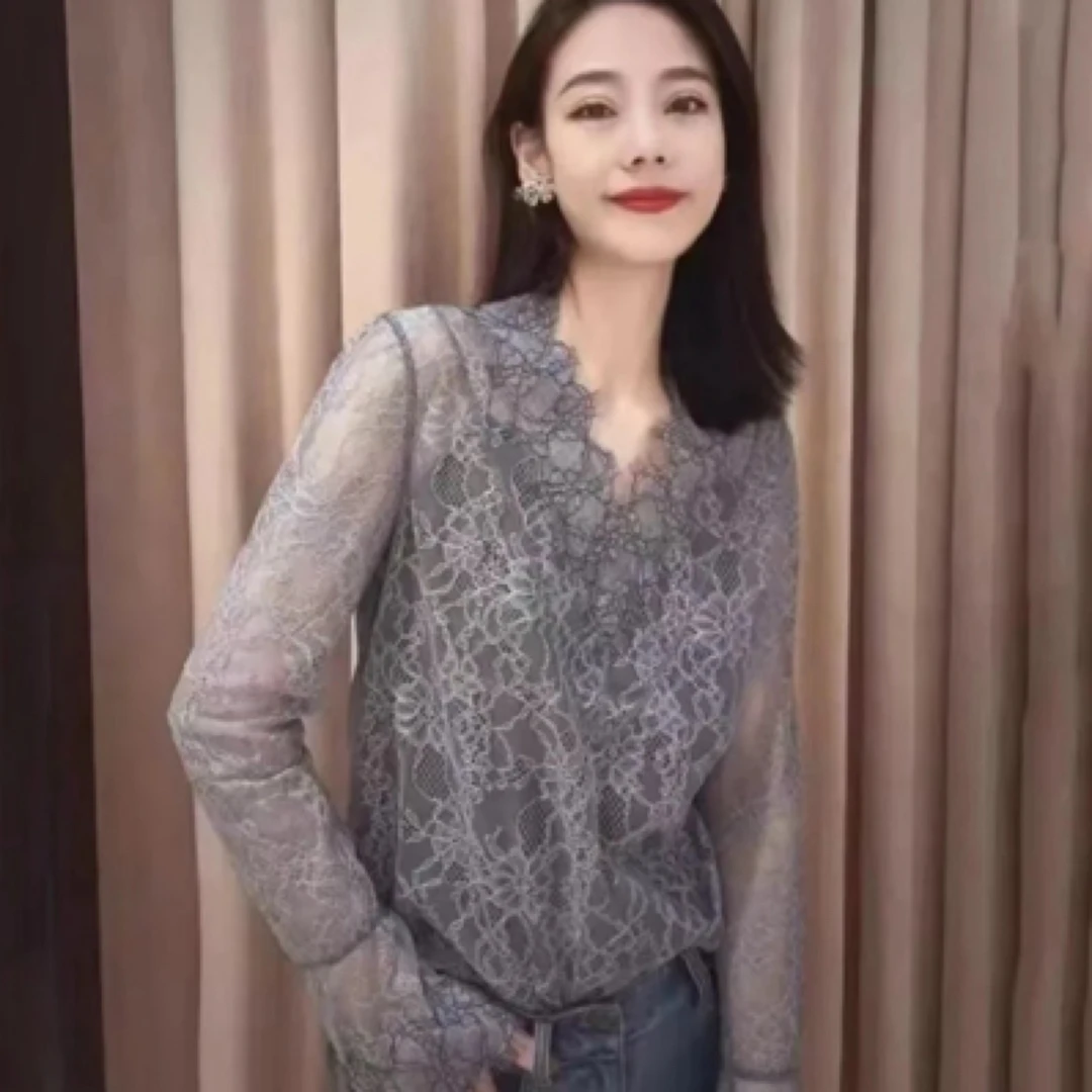 女装质感显瘦气质V领蕾丝长袖上衣两件套5300778