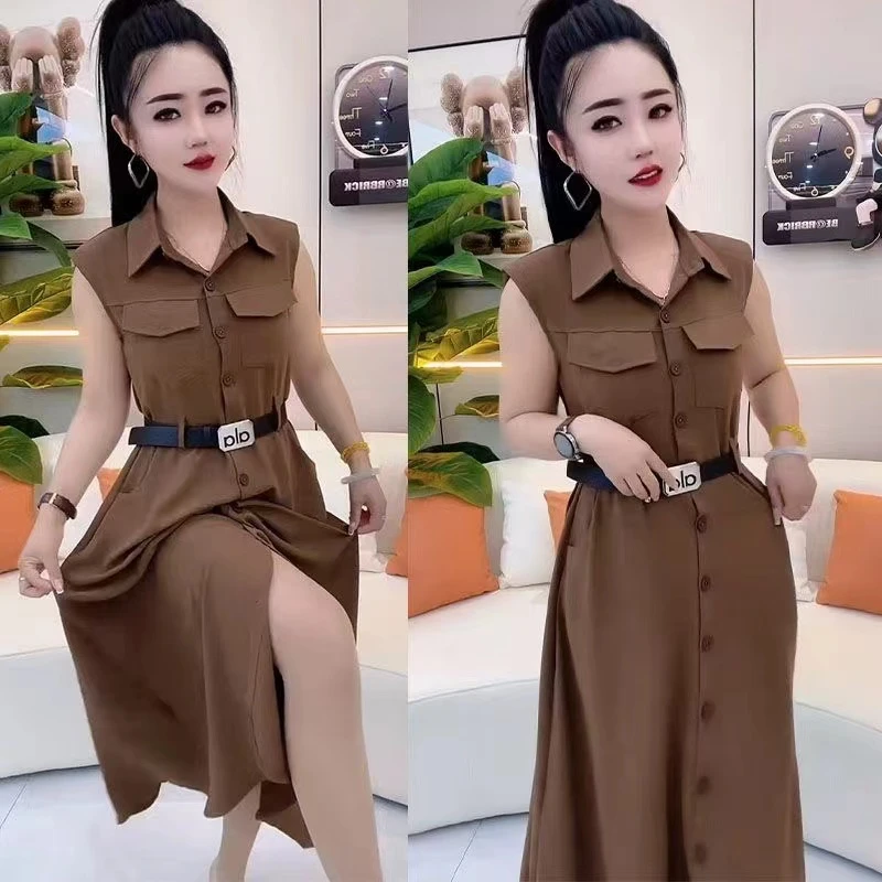 夏季新款工装衬衫无袖连衣裙时尚收腰显瘦通勤气质裙子