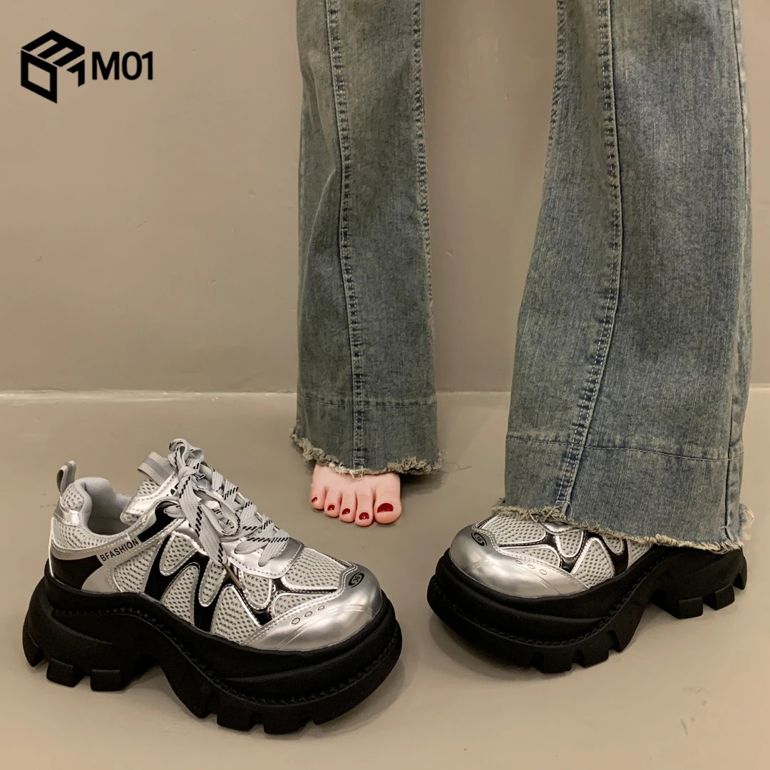 M01松糕厚底银色老爹鞋女小个子增高超火新款秋冬德训运动休闲鞋