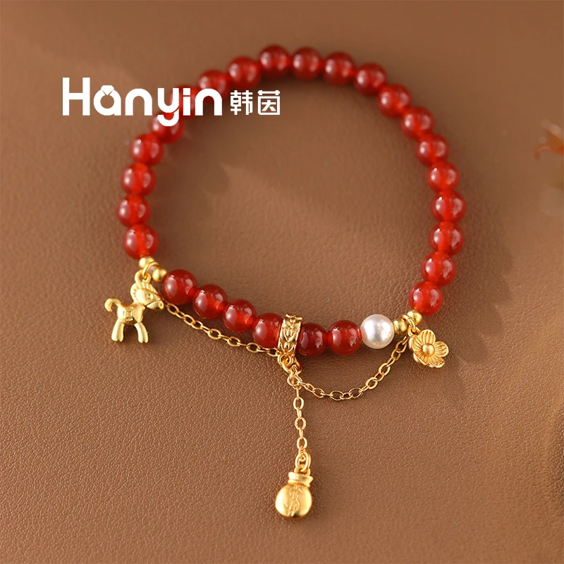 6mm红玛瑙马上有钱花时尚气质百搭弹力绳手串