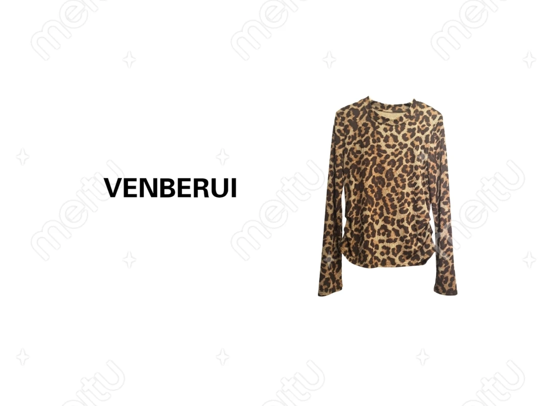 2025新款时尚豹纹长袖正肩T恤修身显瘦上衣