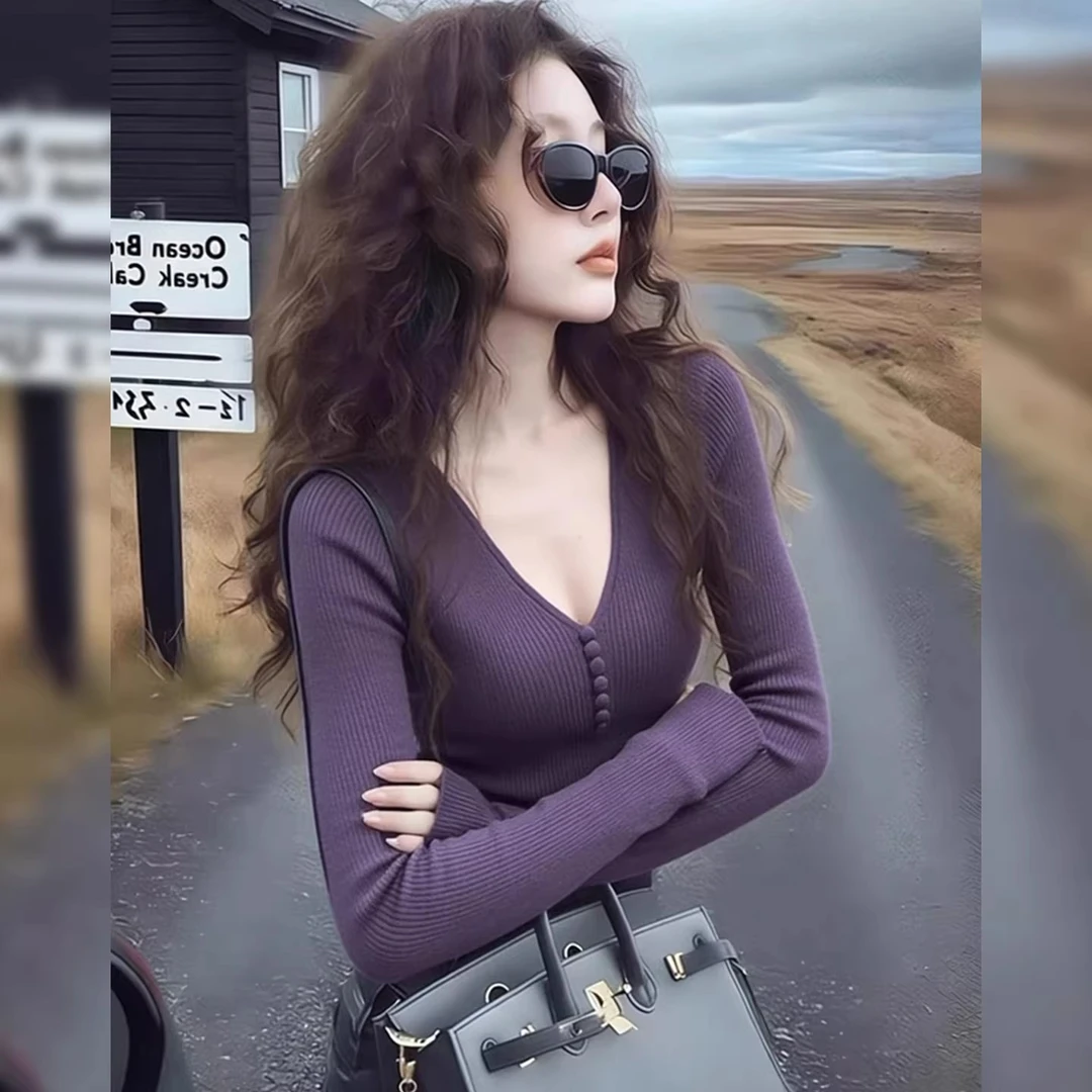 紫色气质V领辣妹修身针织衫女装2026春季新款性感打底衫爆款上衣