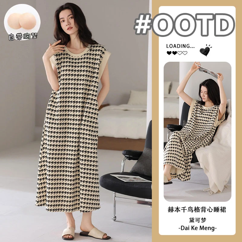 赫本风千鸟格高级感可外穿睡裙女带胸垫防凸点舒适居家背心裙睡衣