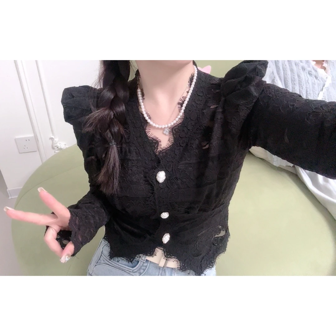 6326气质泡泡袖蕾丝衫