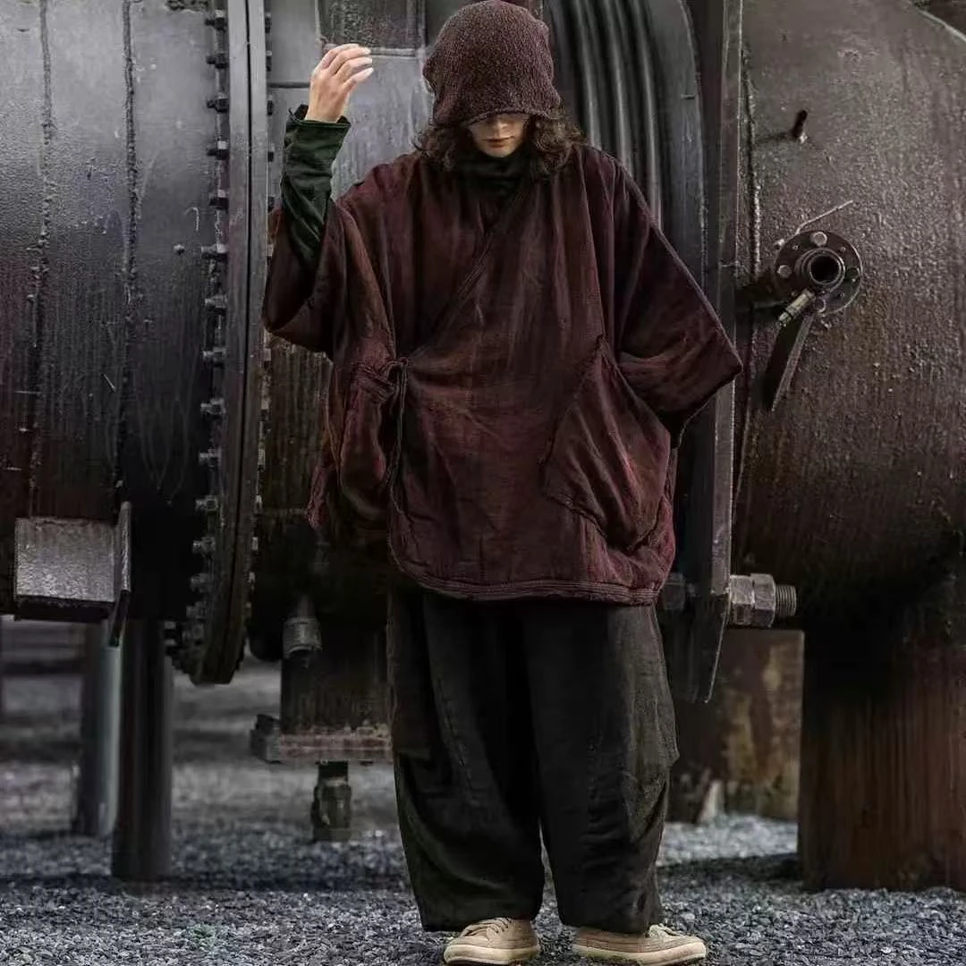 麻衣者复古做旧斜襟大口袋植物染亚麻系带加厚棉服