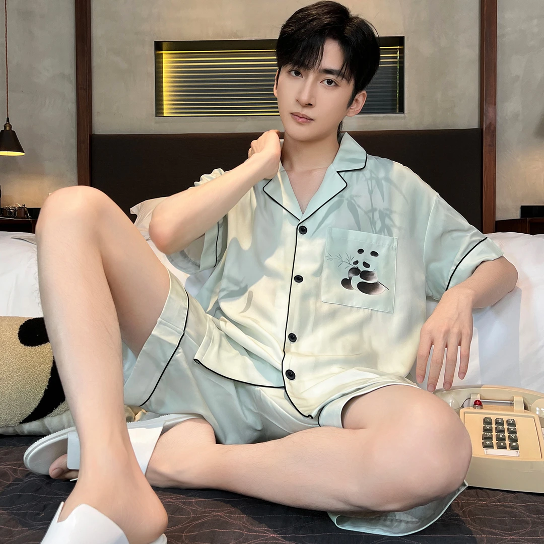 2025年新款睡衣男士夏季冰丝短袖薄款夏天卡通熊猫男生家居服套装
