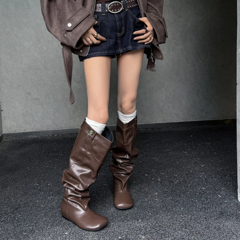 美拉德大筒围褶皱堆堆靴2025秋冬新款棕色内增高不过膝高筒长靴女