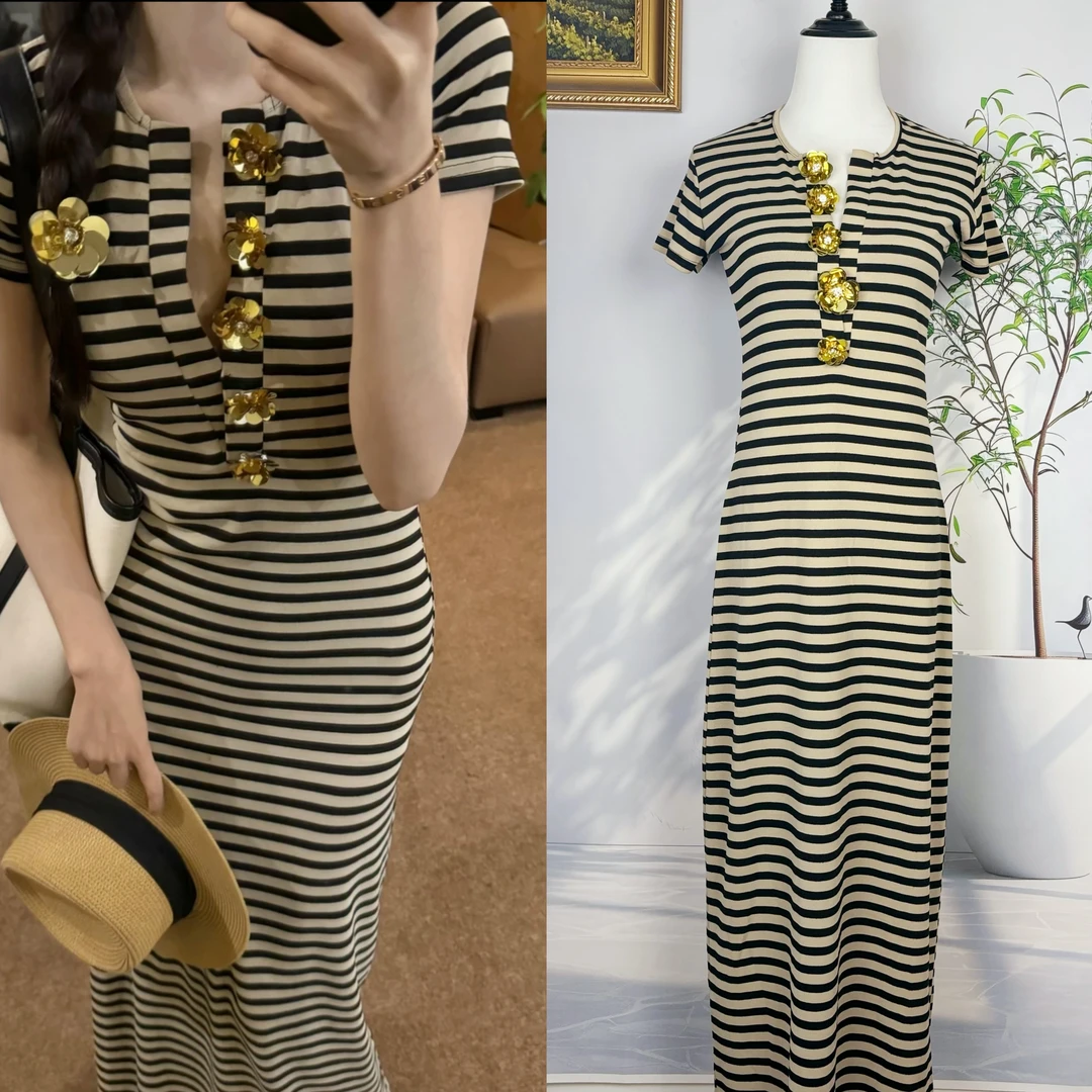 现货OSoneshow圆领条纹连衣裙女夏季设计感修身中长款显瘦包臀裙