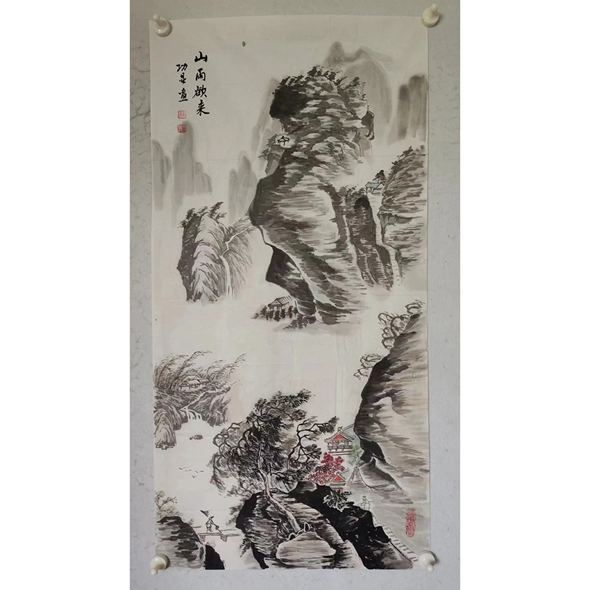 3544 纯手绘老 字画《山雨欲来》中堂  尺寸 100×50