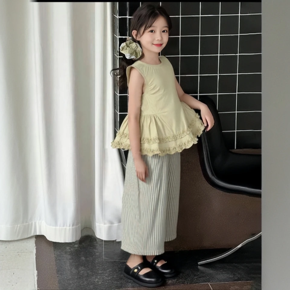 童装常规条纹夏季薄款蝴蝶结女童时尚百褶上衣女童夏装套装85171