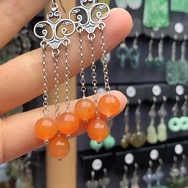 南红玛瑙耳饰银S925镶嵌云*躲