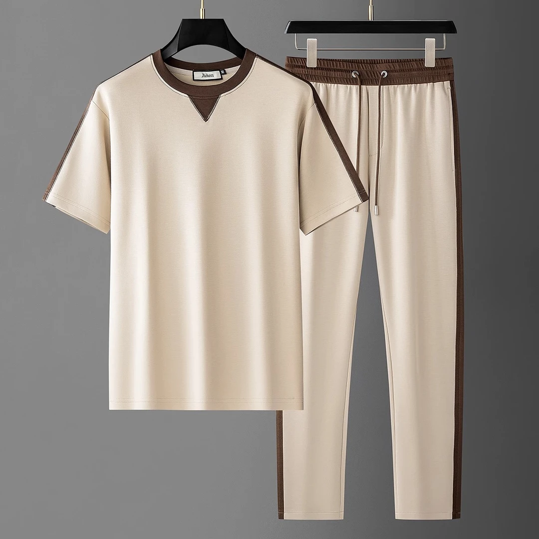 夏季高品质软糯面膜冰丝空气层莫代尔撞色拼接短袖休闲运动套装男