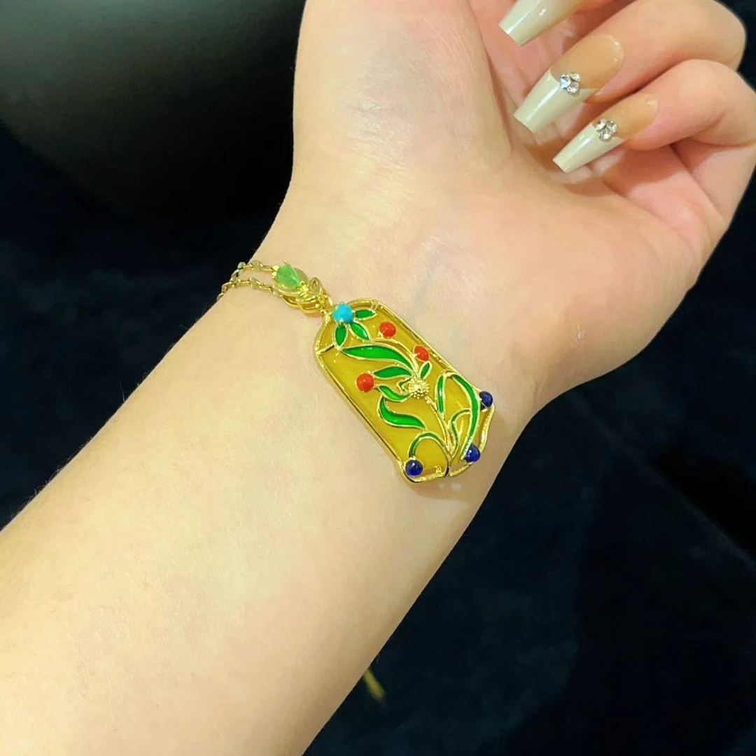 铜合金项链 铜合金 912 时尚国风黄色镶花项链