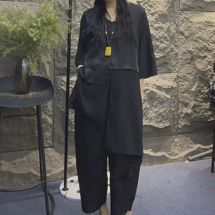 新中式复古提花网纱不规则宽松上衣搭配松紧腰阔腿裤气质显瘦套装