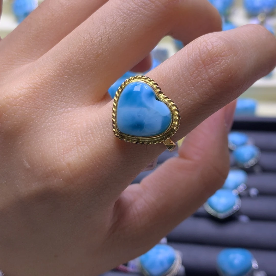 针钠钙石（海纹石）银S925镶嵌戒指爱心戒指色差略异