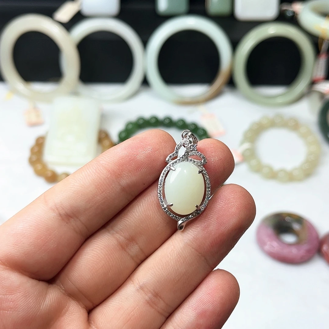 和田玉银S925镶嵌吊坠(不含链)49