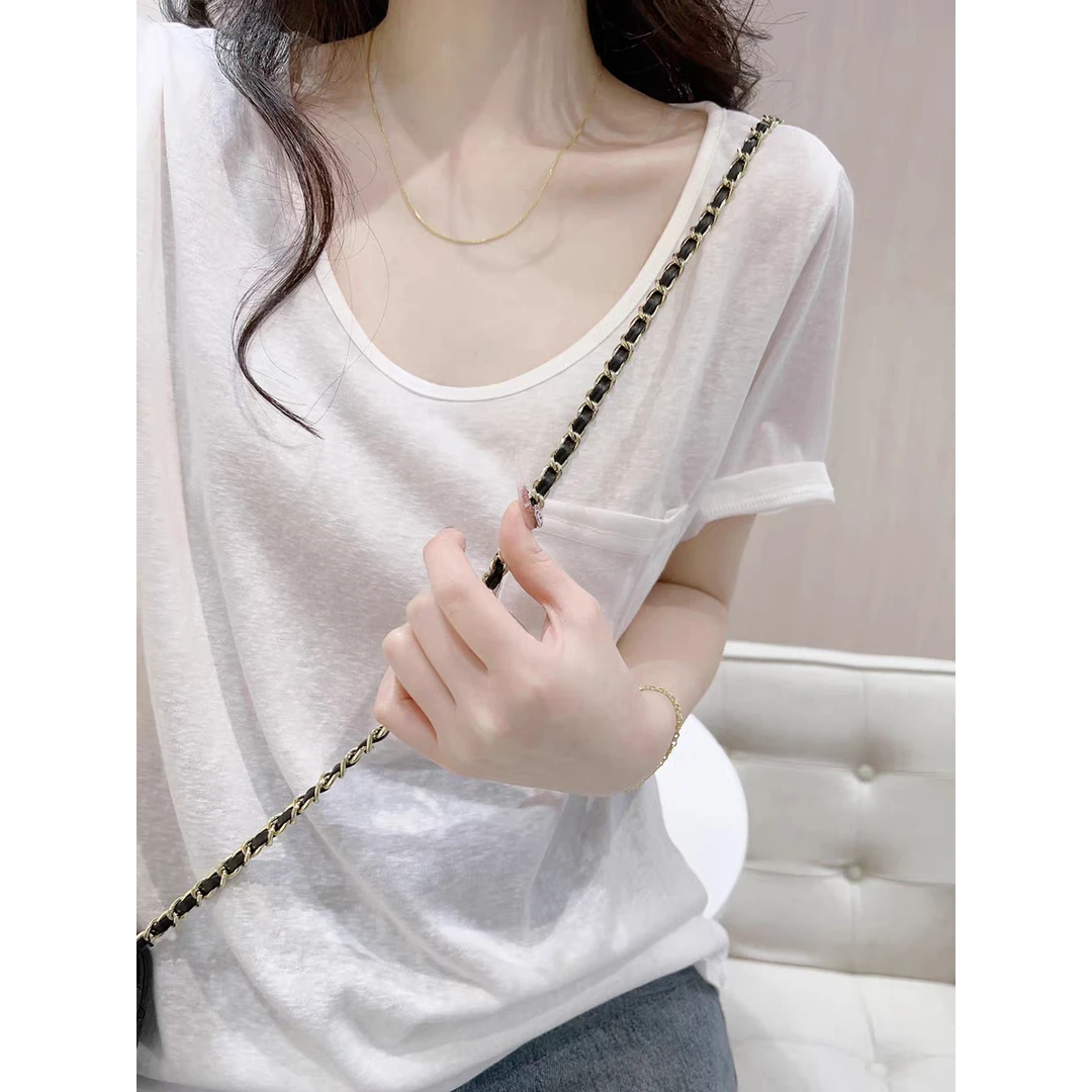 白色冰丝雪花棉短袖T恤女2025夏新款宽松百搭慵懒显瘦小口袋上衣