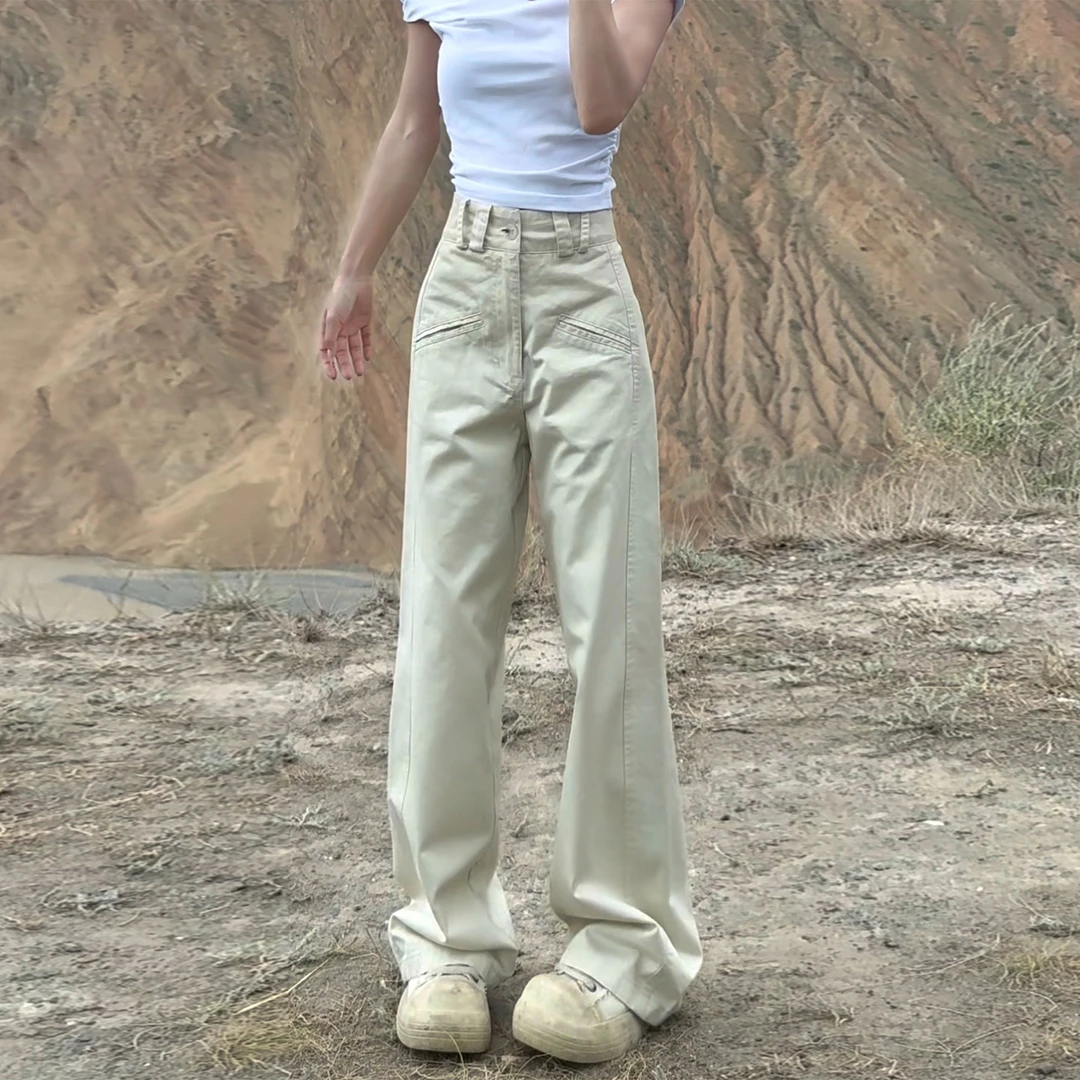 米杏色高腰直筒西装裤女秋季2025新款美式复古显瘦窄版阔腿工装裤