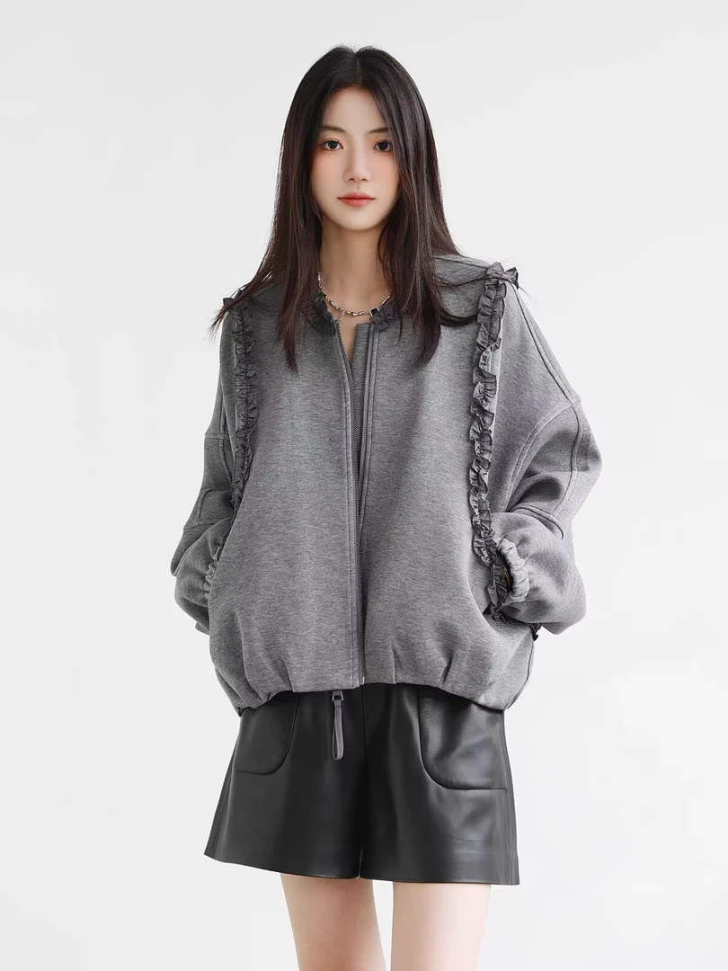 设计感拼接蕾丝边圆领外套女式宽松休闲百搭灰色长袖拉链夹克上衣