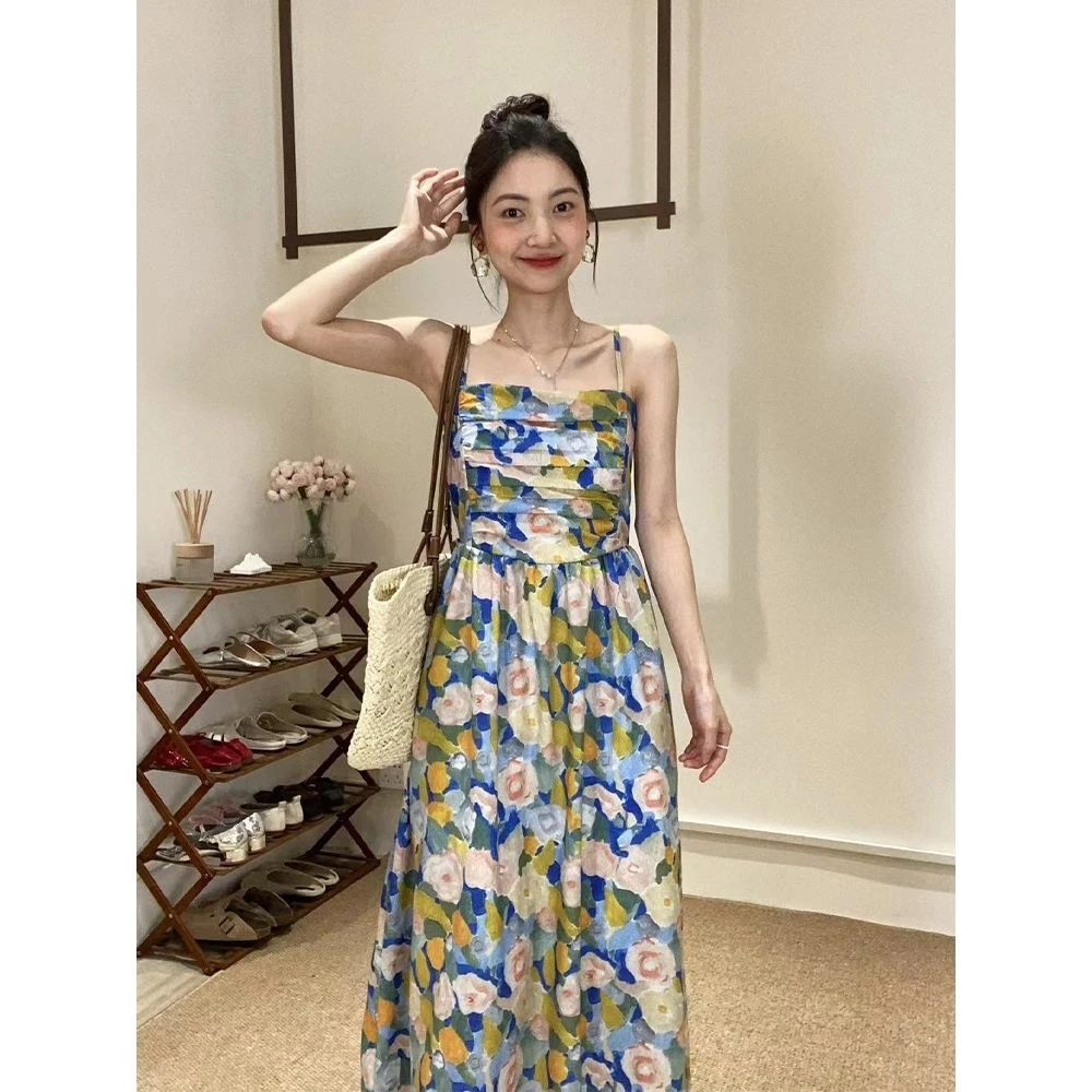 莫奈花园气质油画碎花连衣裙女夏季收腰长款吊带裙子度假长裙