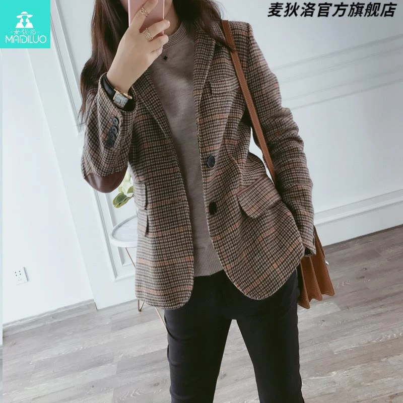 复古毛呢格子西装外套女秋季2025新款小个子千鸟格高级设计感上衣