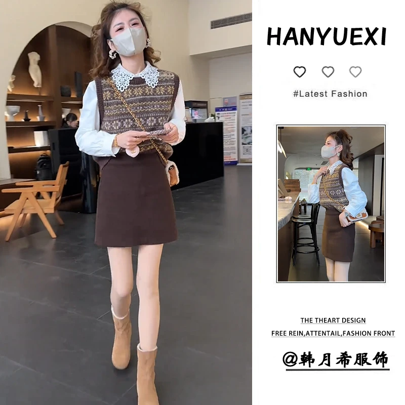 早春一整套女装2025新款韩版复古撞色提花针织马甲时尚短裙三件套