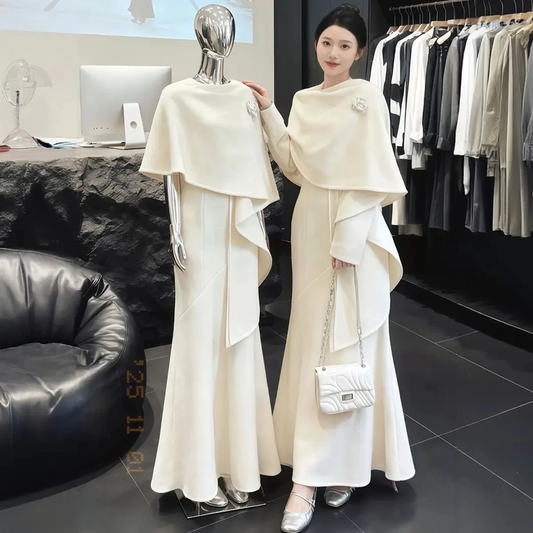 秋冬季小香风温柔一整套气质披肩外套上衣长袖V领连衣裙ins两件套