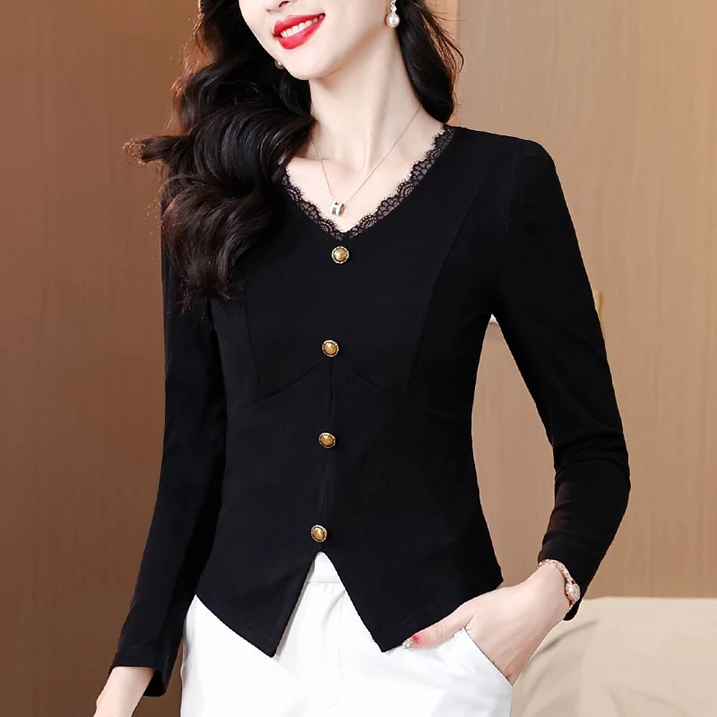 法式小香风花边针织T恤女春秋季黑色妈妈装内搭打底收腰显瘦上衣