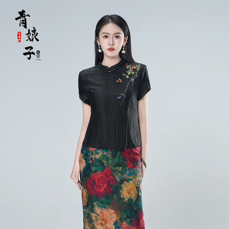 青娘子香云纱（雅芙）新中式短款刺绣时尚气质中国风套头上衣-51115