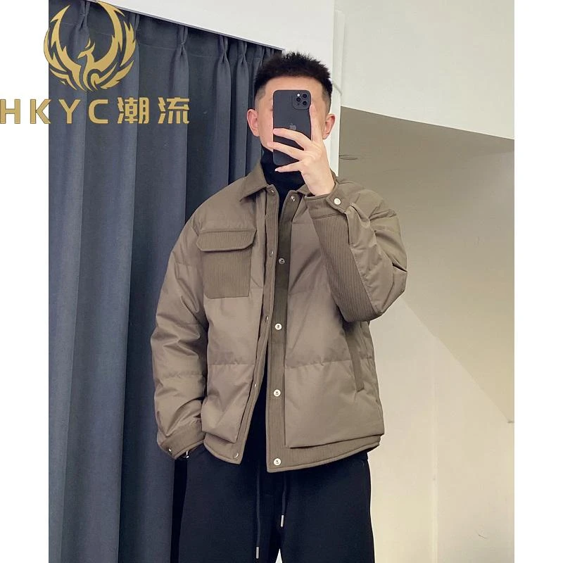 HKYC拼接轻薄款羽绒服男士冬季2025新款时尚假两件翻领外套保暖