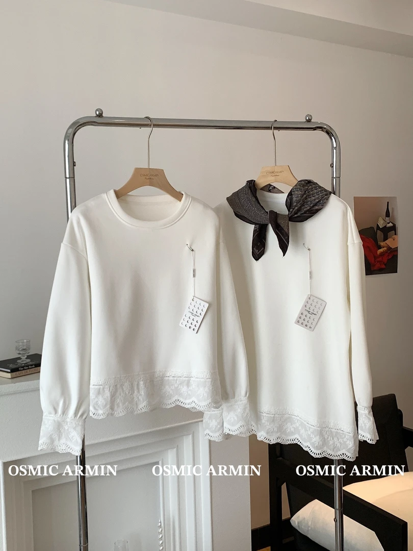 运补【双面磨毛】拼接蕾丝长袖T恤女圆领镂空花边百搭显瘦宽松内搭