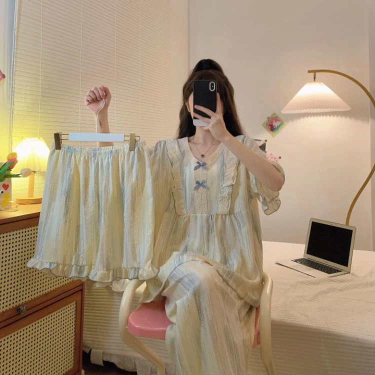 加肥加大胖MM泡泡皱睡衣女夏季新款甜美少女感遮漏点可外穿家居服