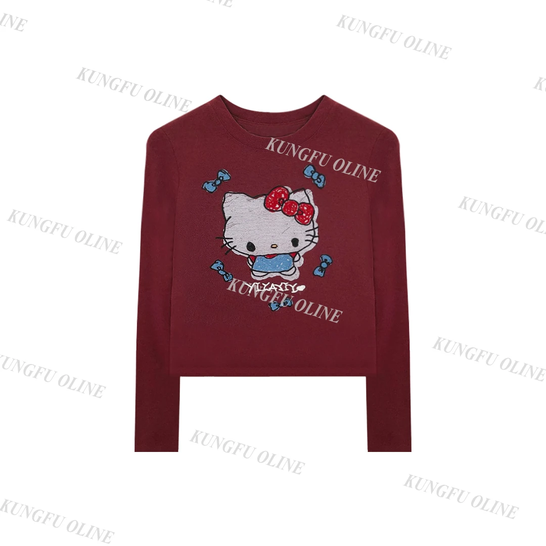 【多多专属】T4541长袖T恤猫咪印花圆领休闲打底衫上衣女
