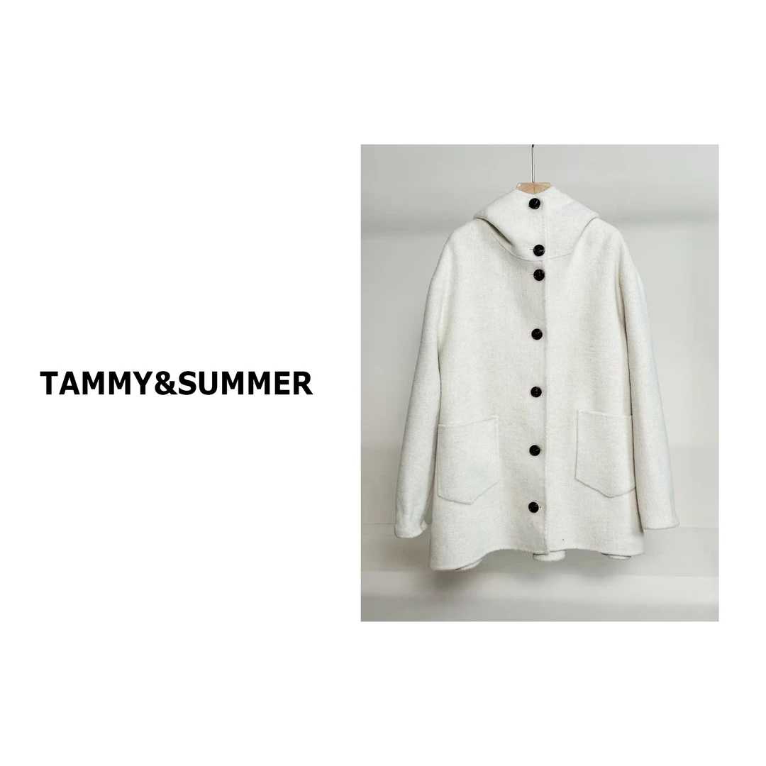 【Tammy&Summer】韩版时尚连帽单排扣宽松双面羊毛大衣外套53457