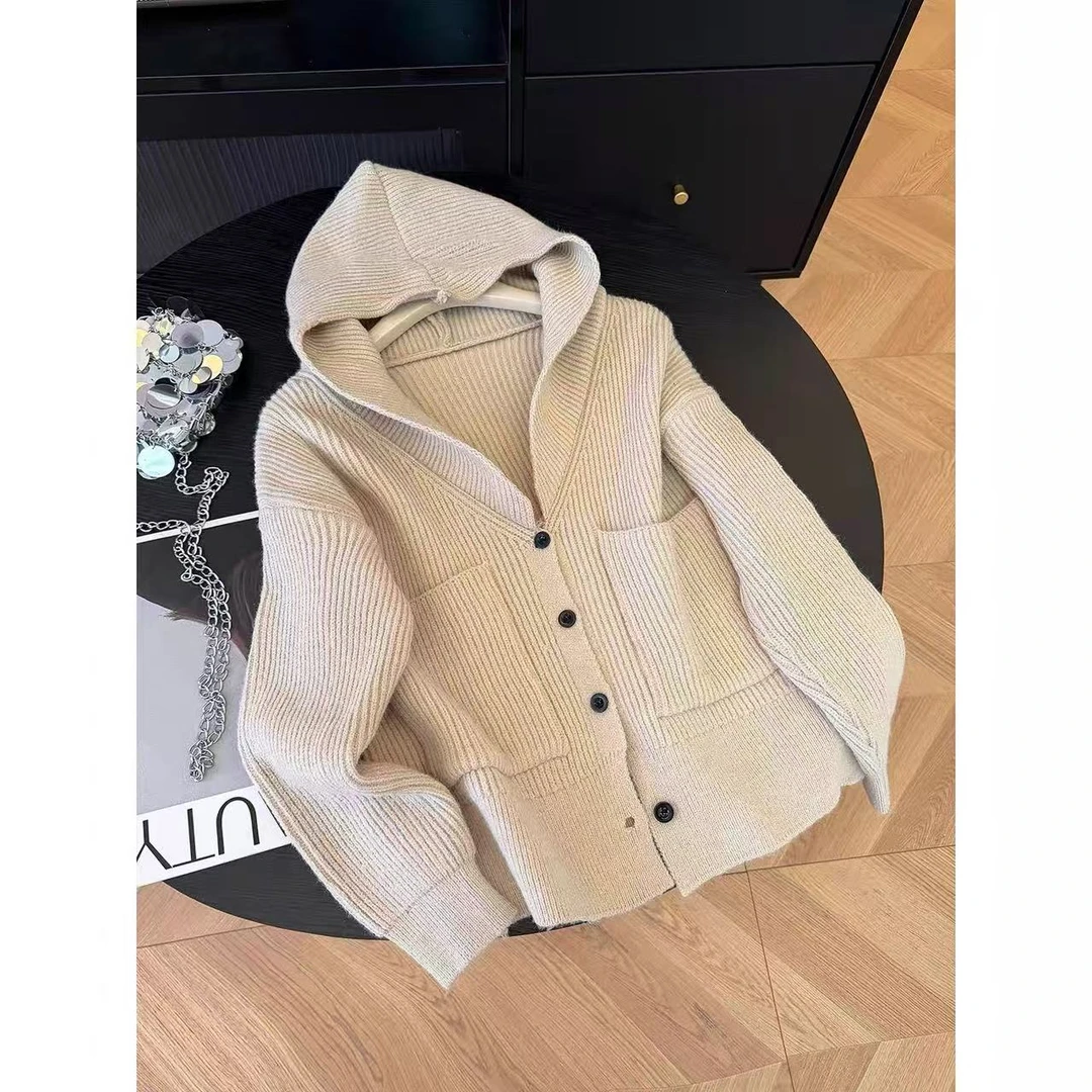 纯色连帽//设计感大帽檐口袋针织开衫毛衣122017