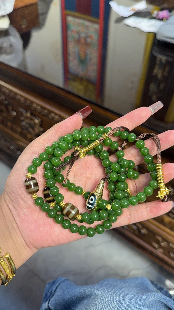 纯铜锆石手链 白玛嘎布 绿色佛珠