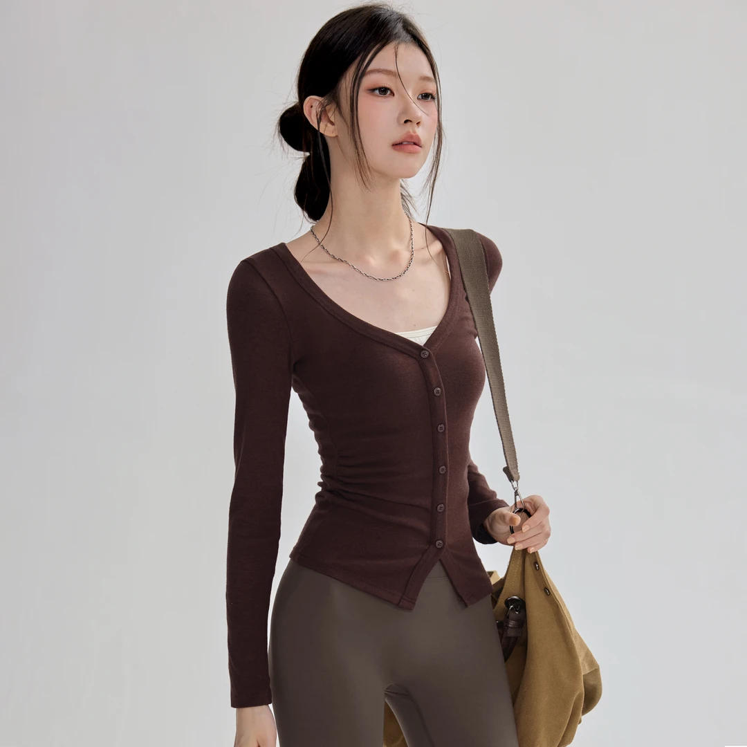 云端贝壳性感V领瑜伽服长袖秋冬款女运动上衣流光风跑步健身衣