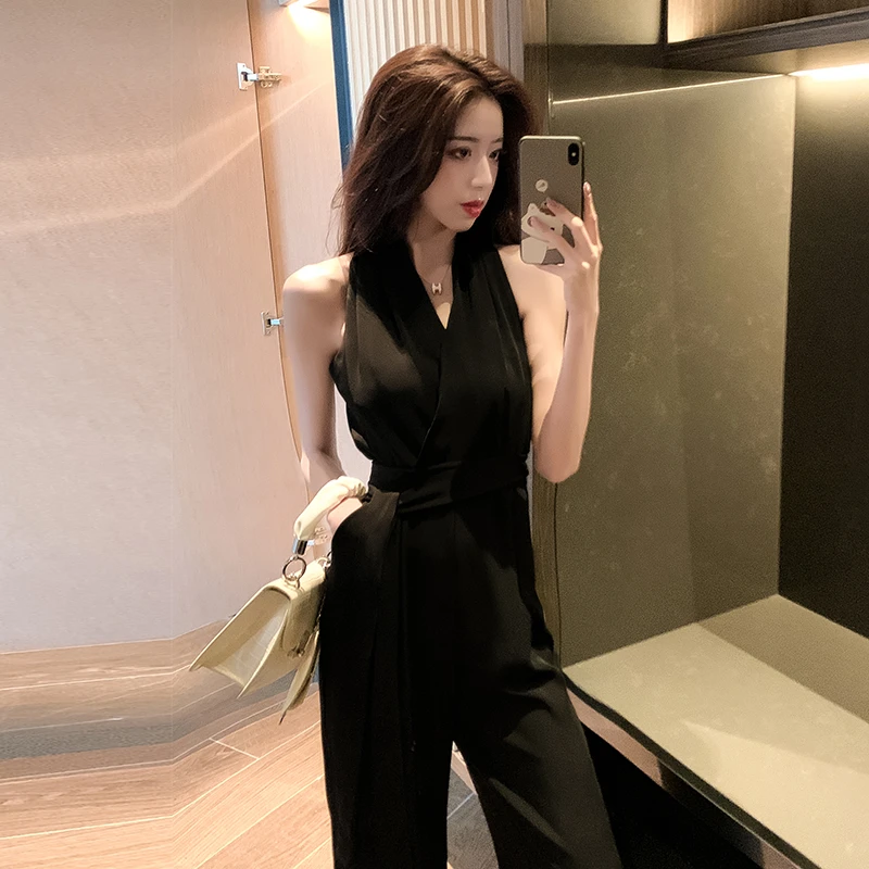 新款黑色挂脖连体裤女高腰阔腿裤冷淡风气质显瘦收腰休闲裤夏