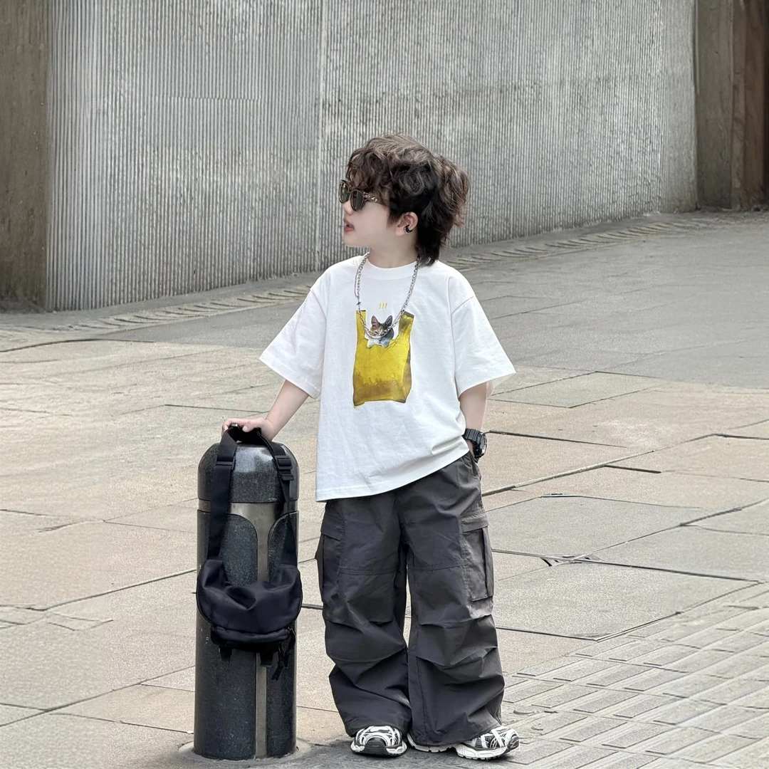 男童夏季两件套2025新款韩版洋气卡通猫咪印花短袖T恤休闲工装裤