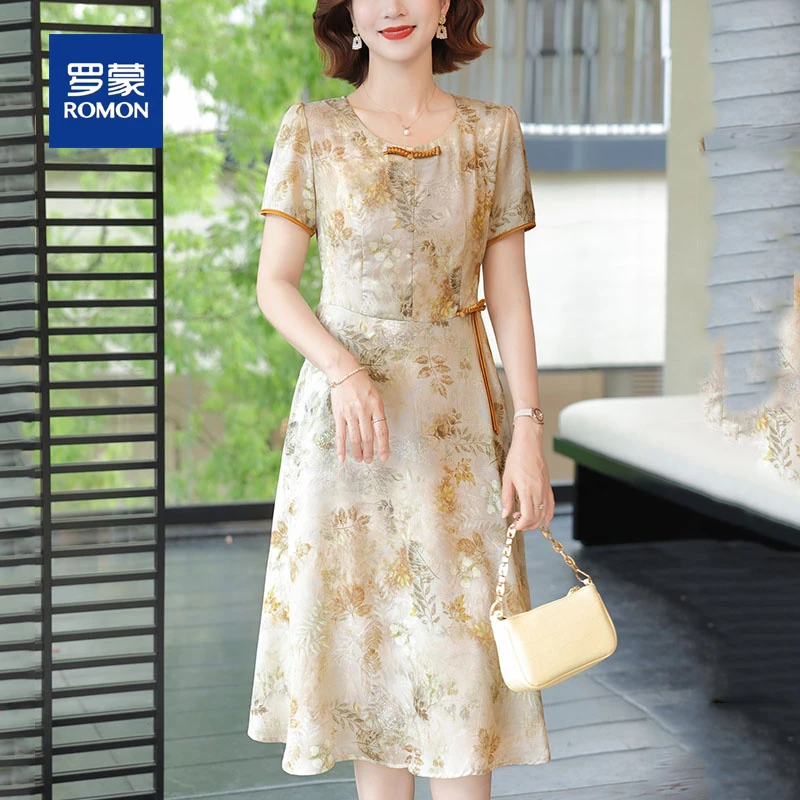 罗蒙中年妈妈夏装短袖国风连衣裙2025新款中老年女装高贵气质裙子