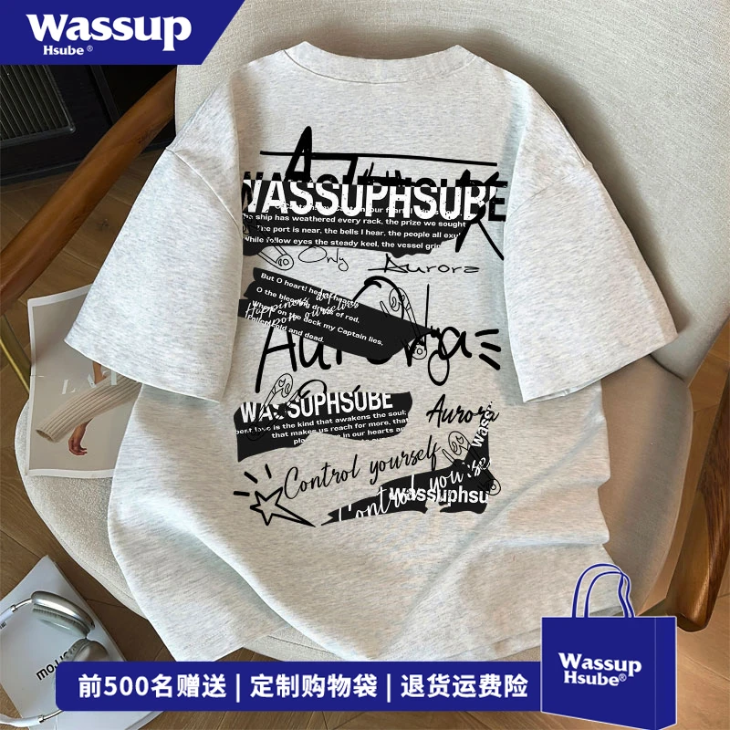 WASSUP HSUBE潮牌复古hiphop潮牌短袖T恤男夏季街头ins休闲风上衣