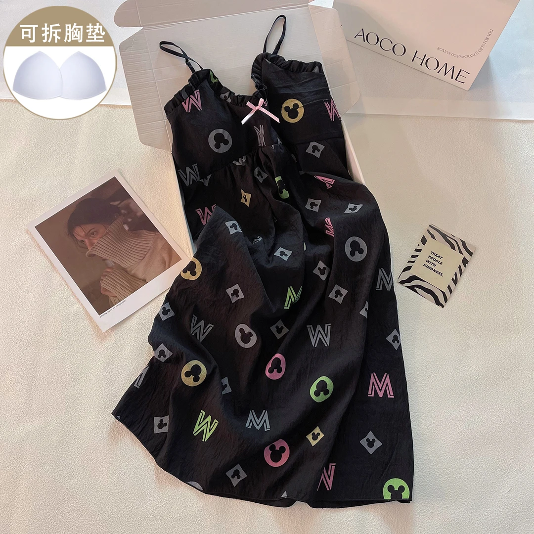 可爱米奇字母睡衣女夏季带胸垫宽松黑色吊带睡裙甜美连衣裙家居服